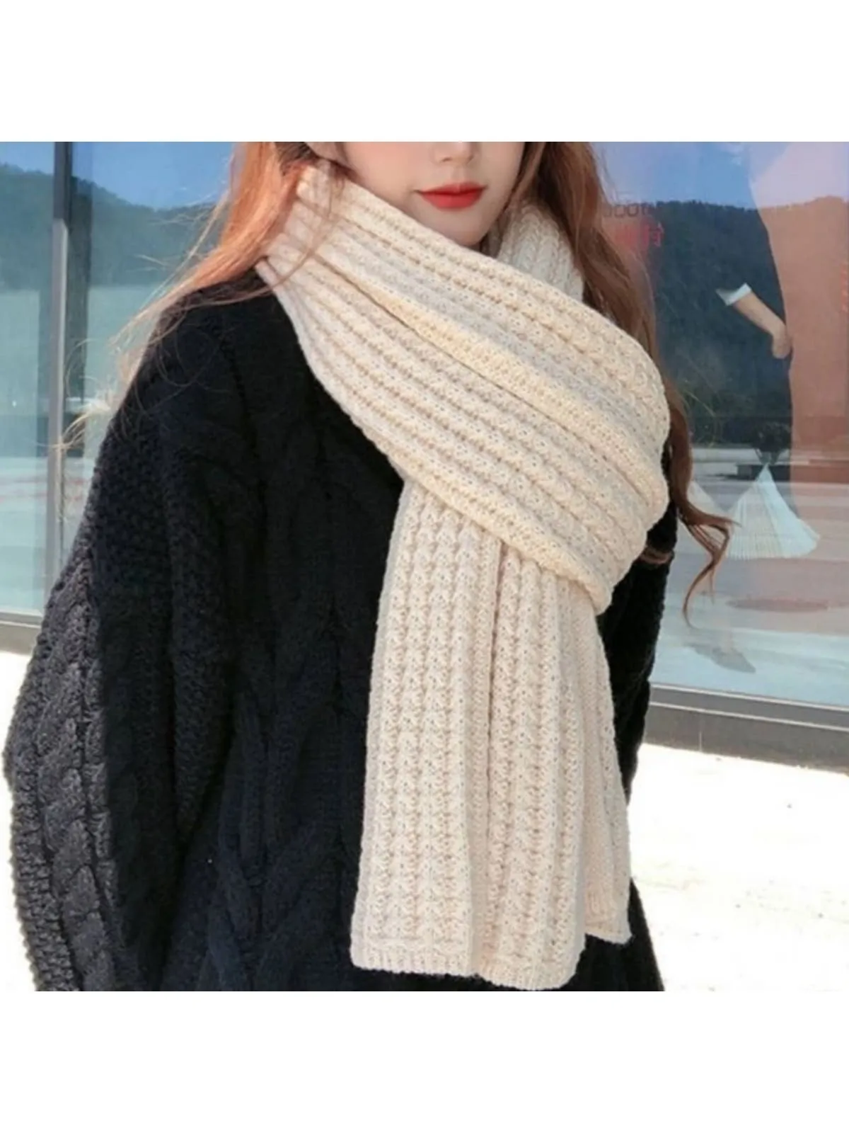 1pc Ladies' Winter Thick Knitted Scarf With Wool, Comfortable & Fashionable, Suitable For Daily Life & Date