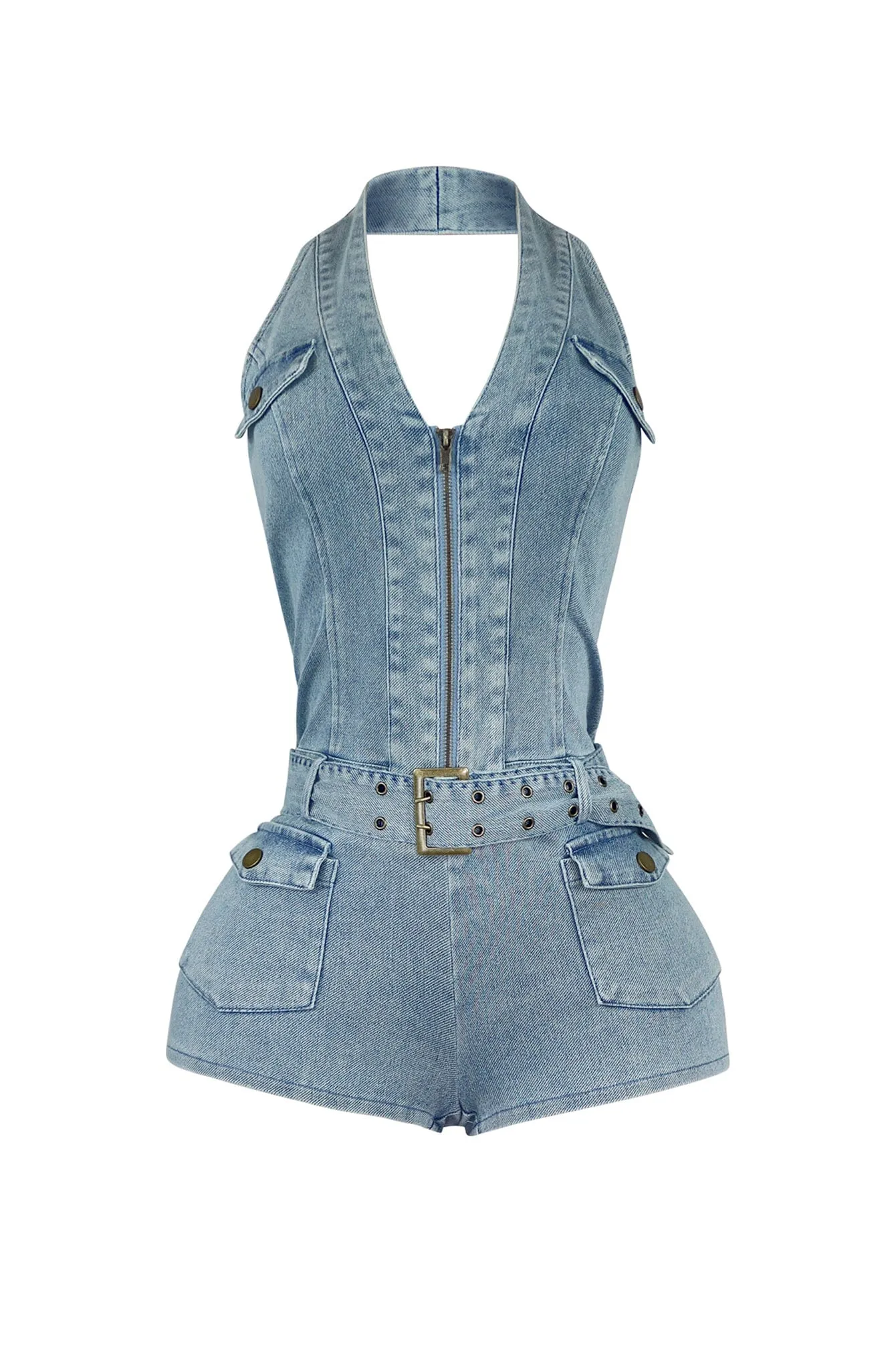 Afina Washed Denim Halter Belted Romper