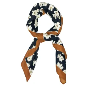 Avenue Zoe White Floral Printed Silky Bandana Scarf in Black and Orange Border