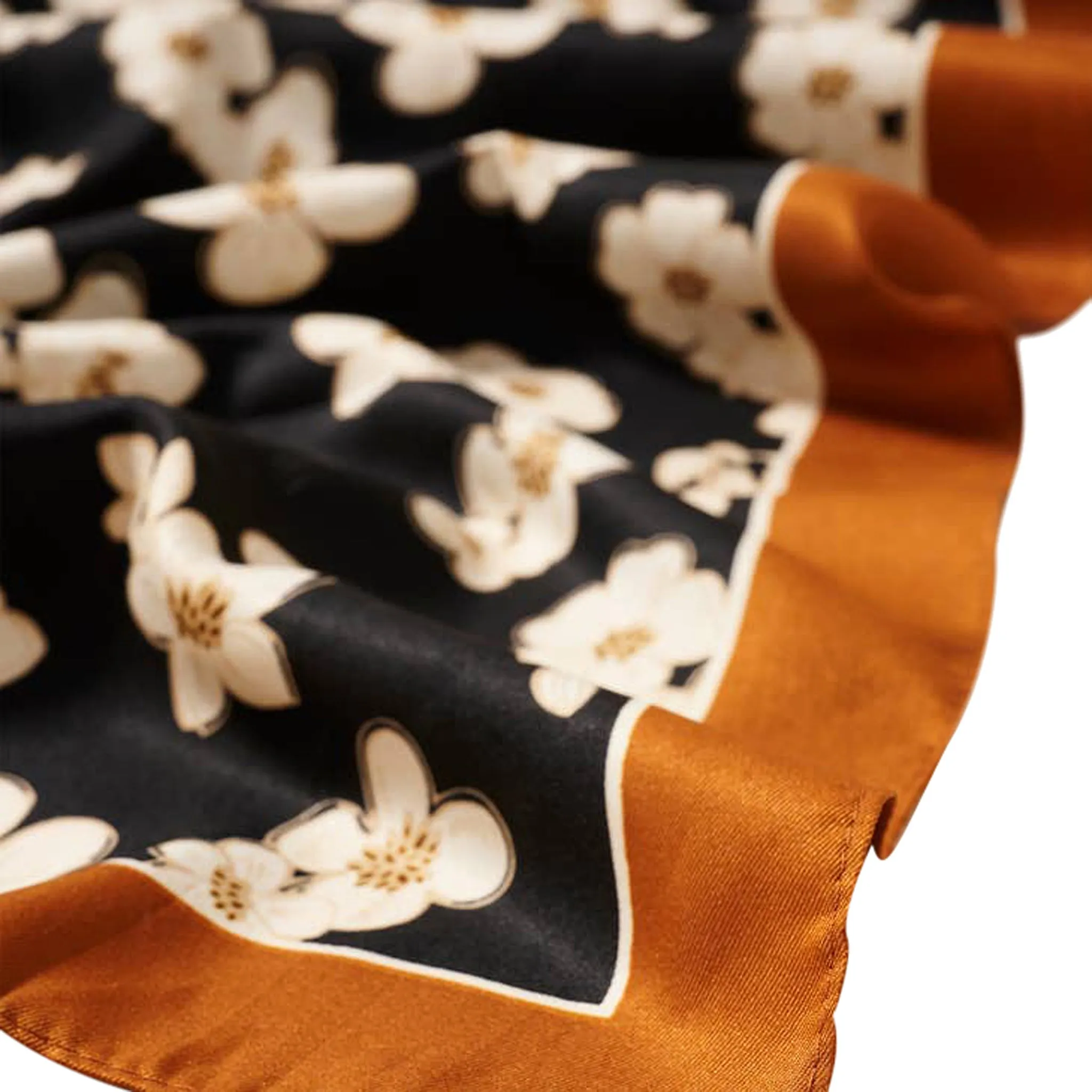 Avenue Zoe White Floral Printed Silky Bandana Scarf in Black and Orange Border