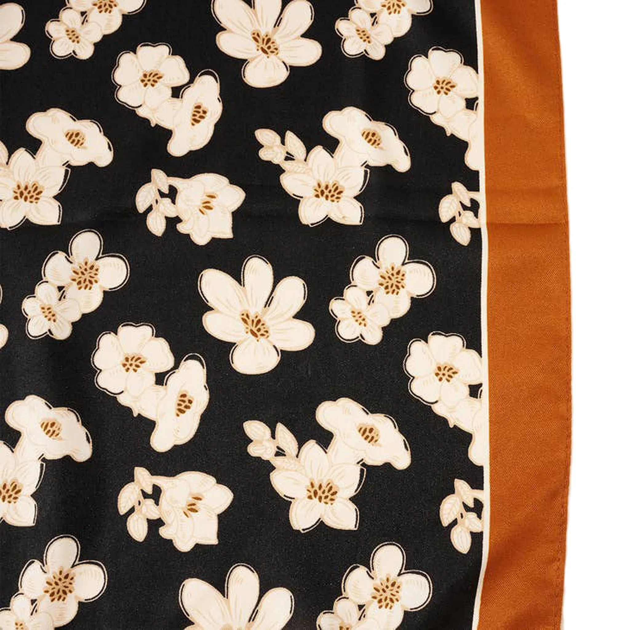 Avenue Zoe White Floral Printed Silky Bandana Scarf in Black and Orange Border