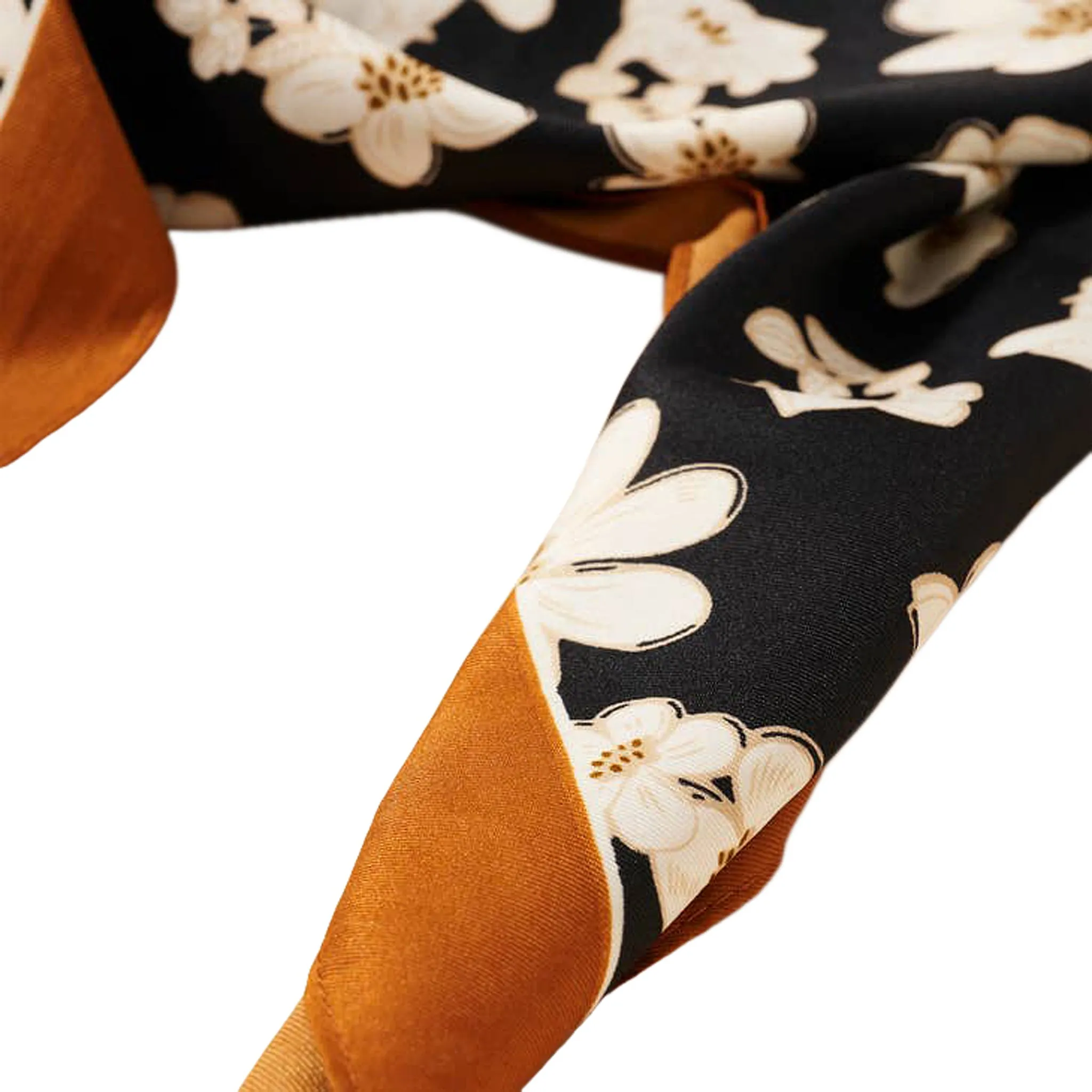 Avenue Zoe White Floral Printed Silky Bandana Scarf in Black and Orange Border