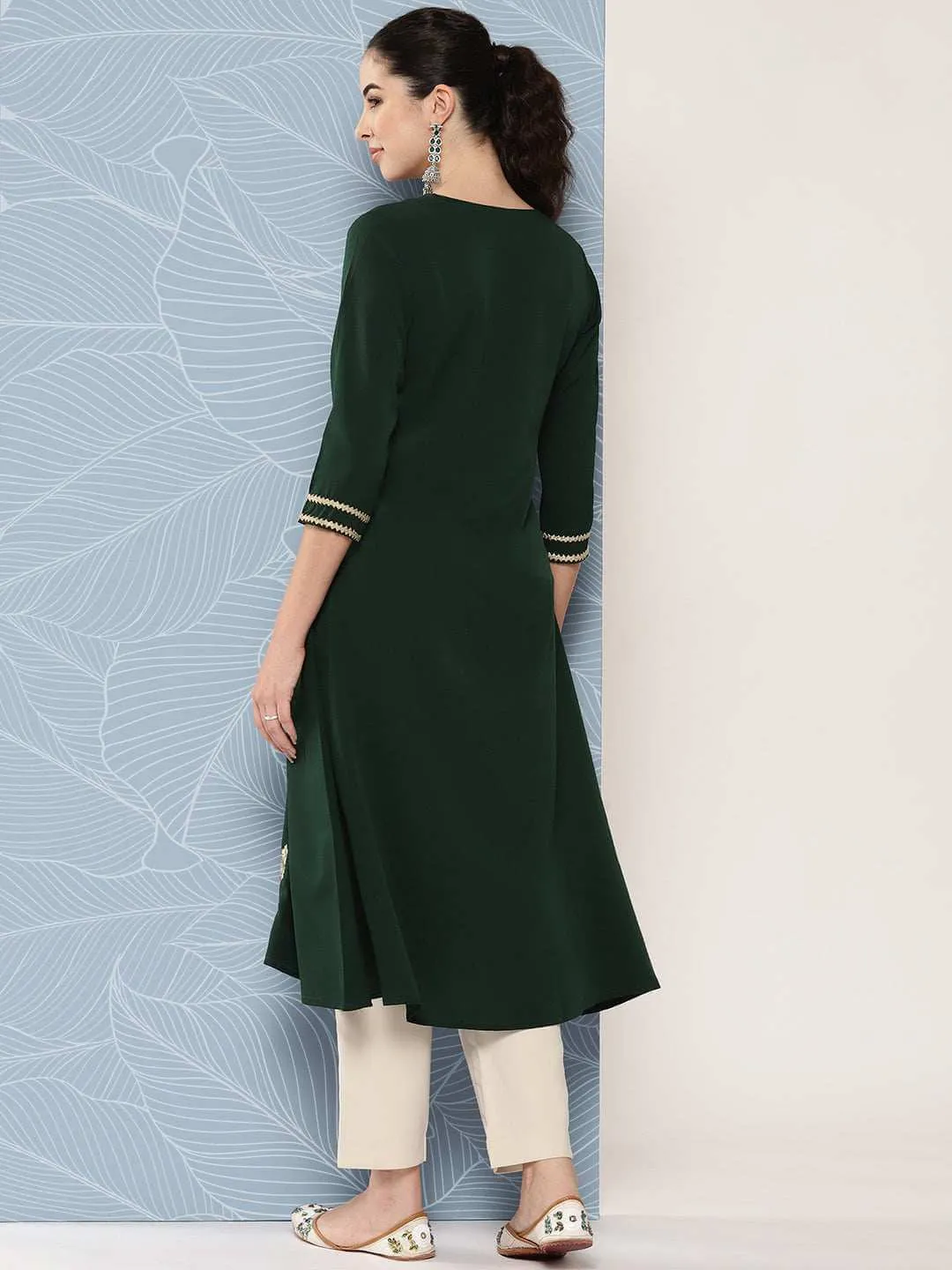 Bottle Green Crepe Foil Printed A-Line Kurta