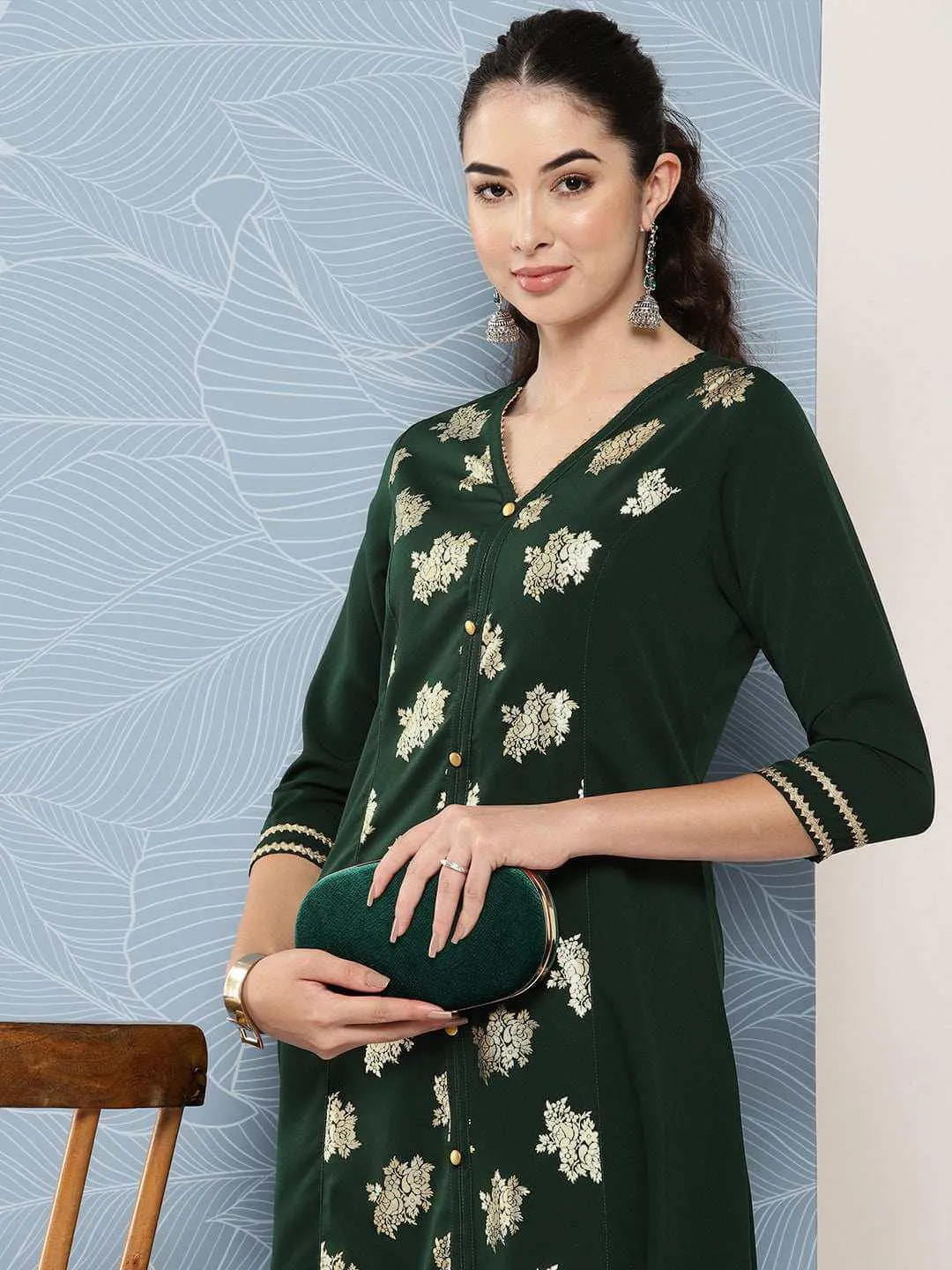 Bottle Green Crepe Foil Printed A-Line Kurta