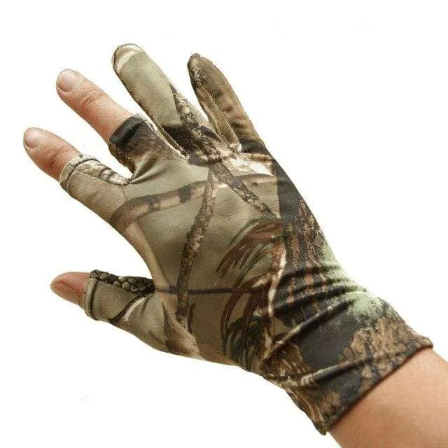 Camo Fishing Gloves Camouflage Anti-Slip Elastic Thin Mitten 3 Fingers Cut Camping Cycling Hunting Half-Finger Gloves Camouflage