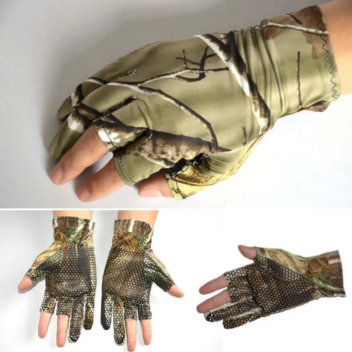 Camo Fishing Gloves Camouflage Anti-Slip Elastic Thin Mitten 3 Fingers Cut Camping Cycling Hunting Half-Finger Gloves Camouflage