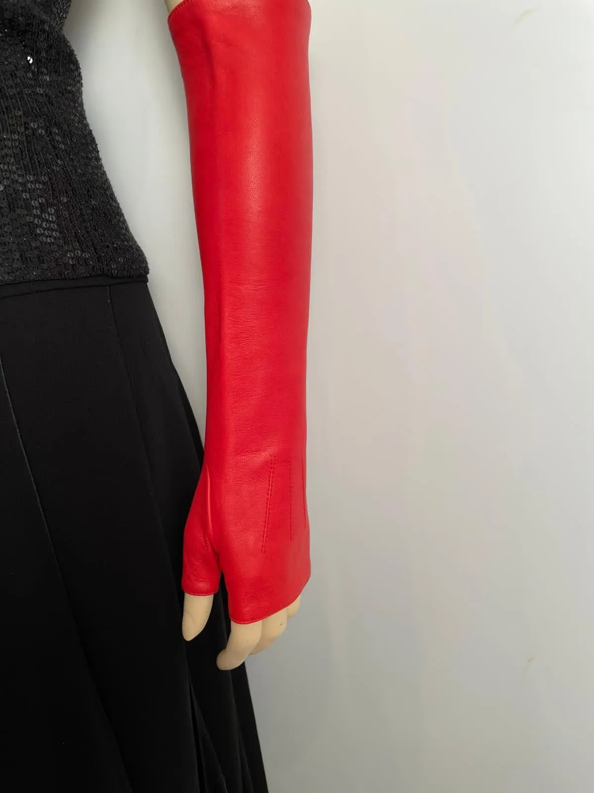 Chanel Fingerless Lambskin Leather Long Red Gloves Size 7.5