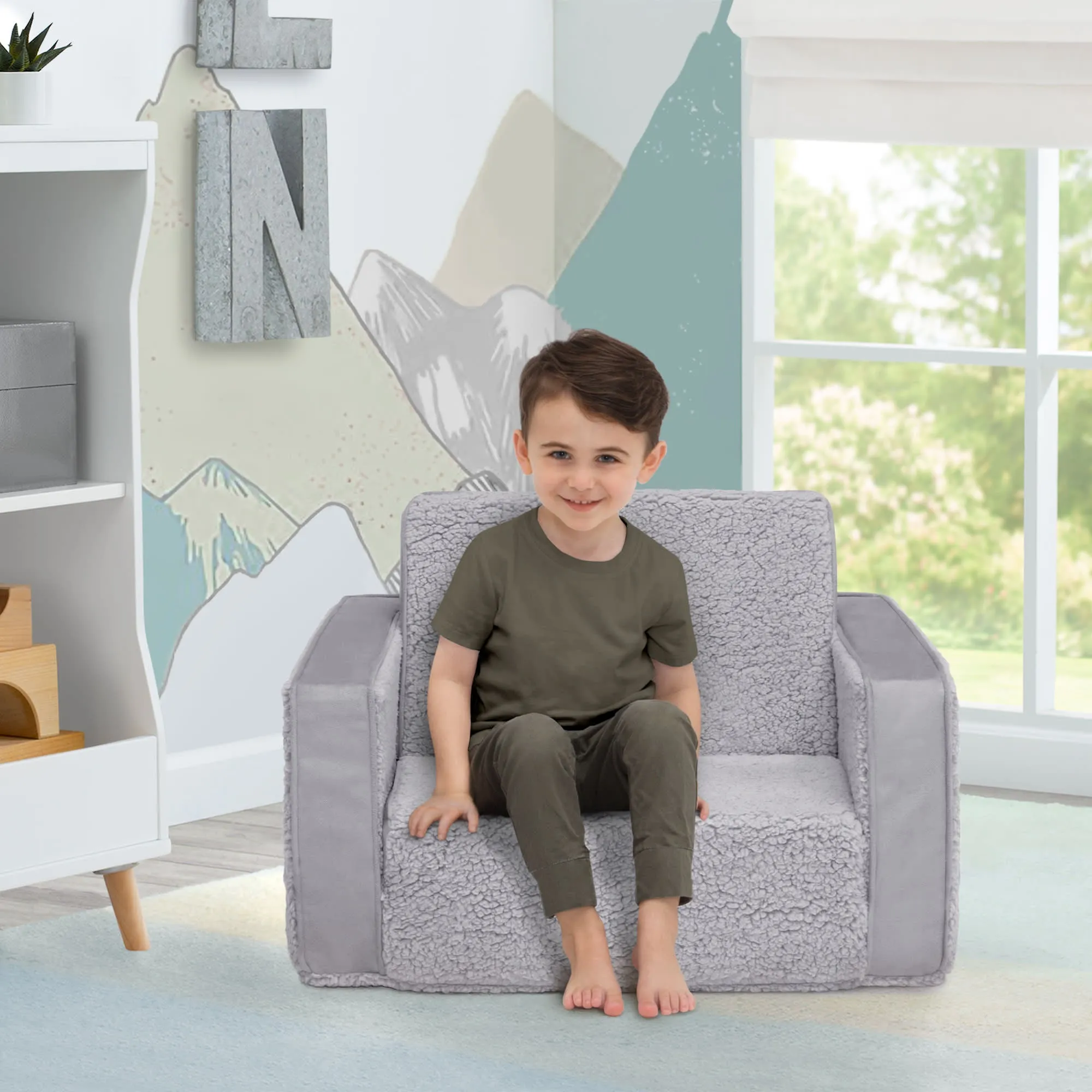 Cozee Flip-Out Sherpa and Suede 2-in-1 Convertible Chair to Lounger for Kids