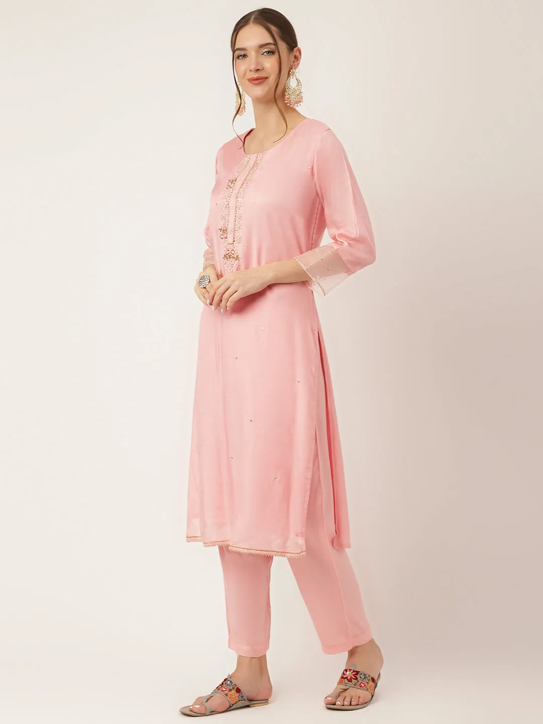 Divena Baby Pink Embroidered Chanderi  Kurta, Trouser With Dupatta