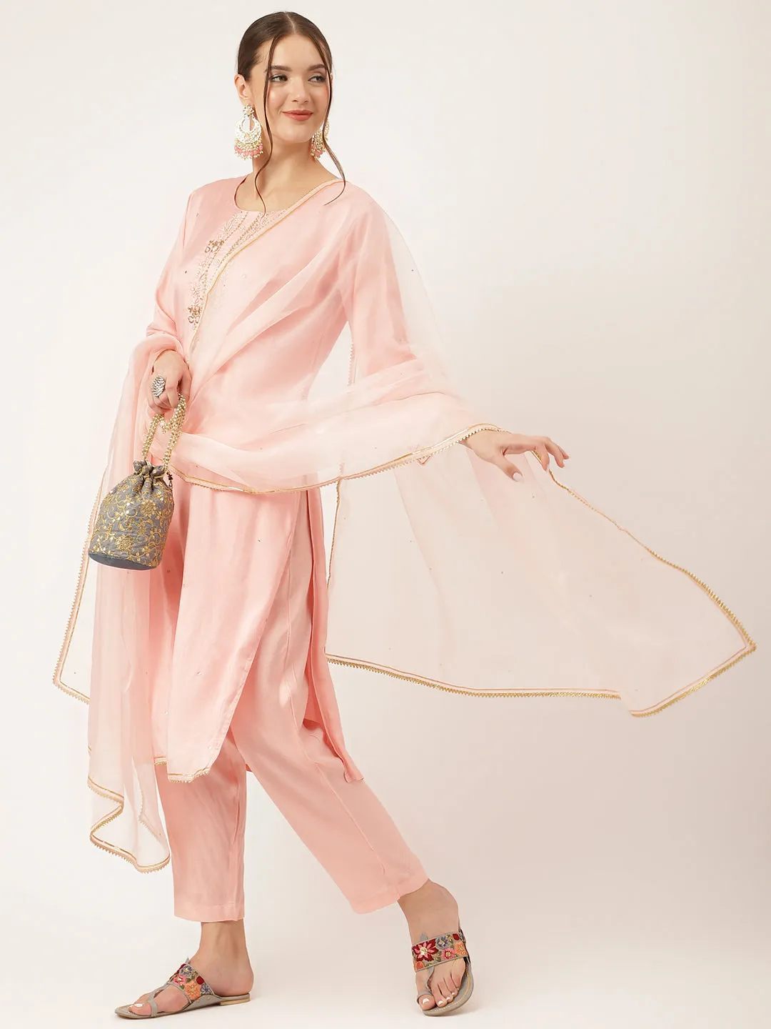 Divena Baby Pink Embroidered Chanderi  Kurta, Trouser With Dupatta