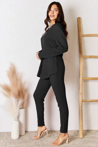 Full Size Notched Long Sleeve Top and Pants Set