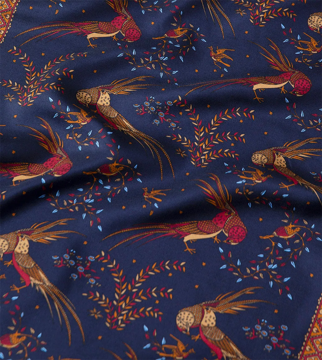 Navy Birds of Paradise Print Tubular Silk Tasselled Scarf