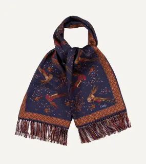 Navy Birds of Paradise Print Tubular Silk Tasselled Scarf