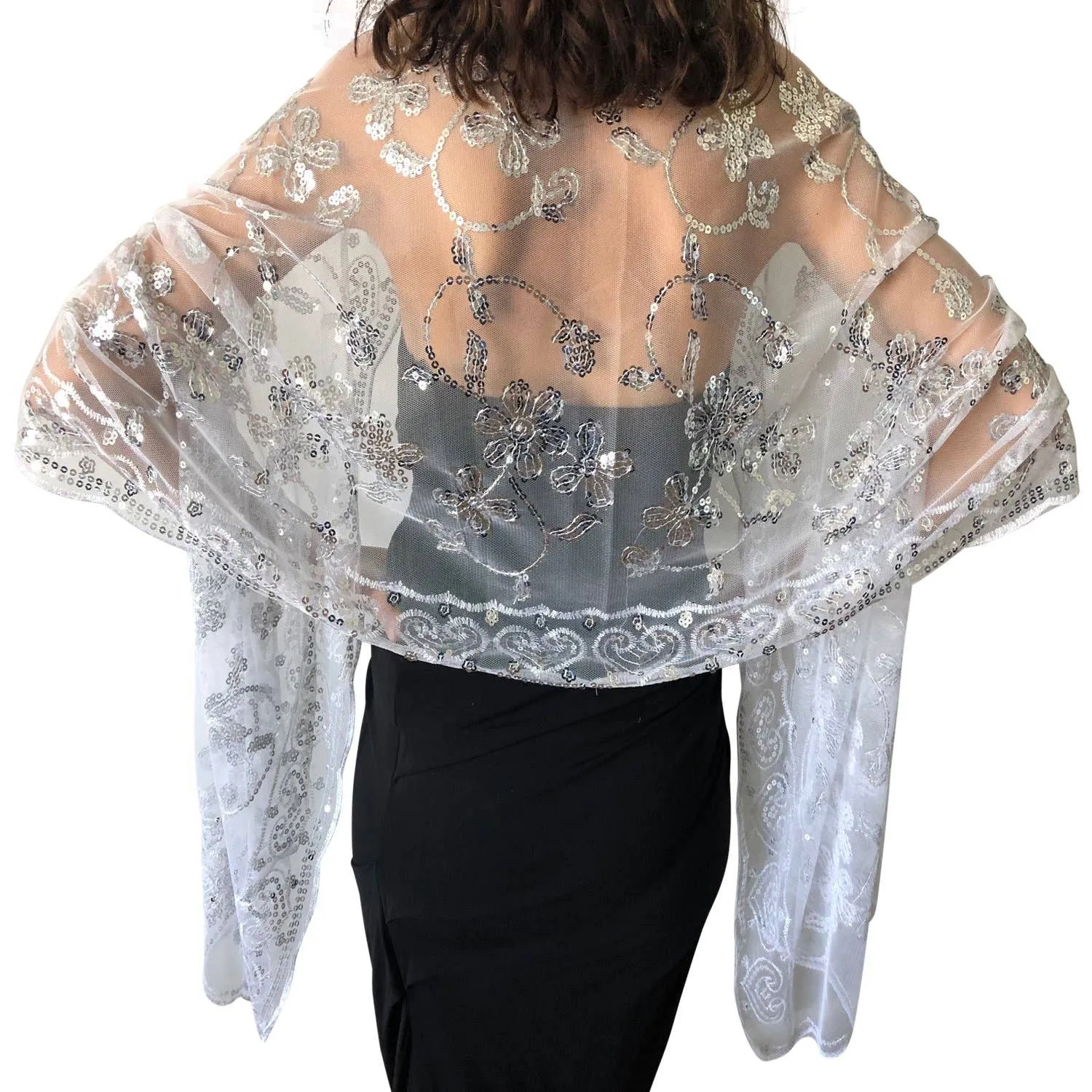 Sparkly Sequin Wedding Wraps, Evening Shawl- Silver/White