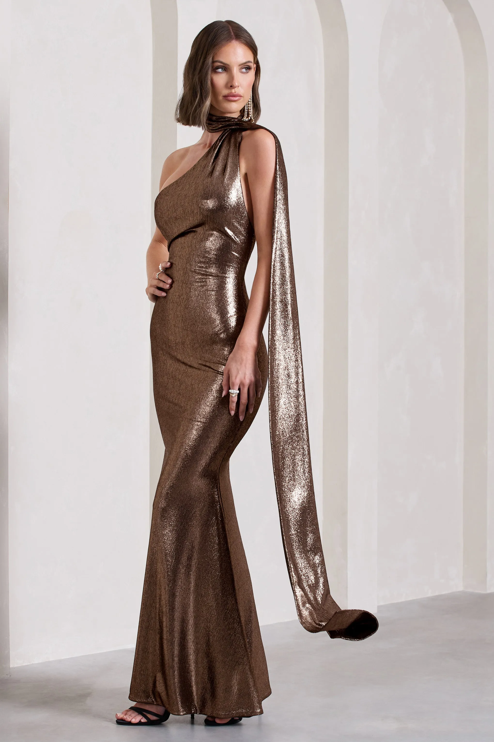 Strike Gold | Bronze Metallic One Shoulder Low-Back Maxi Dress With Scarf