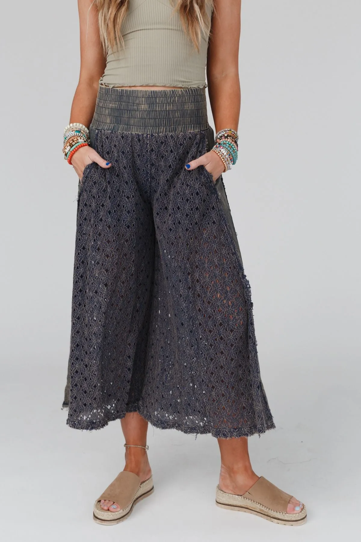 Take Me Away Mineral Washed Lace Pants - Navy