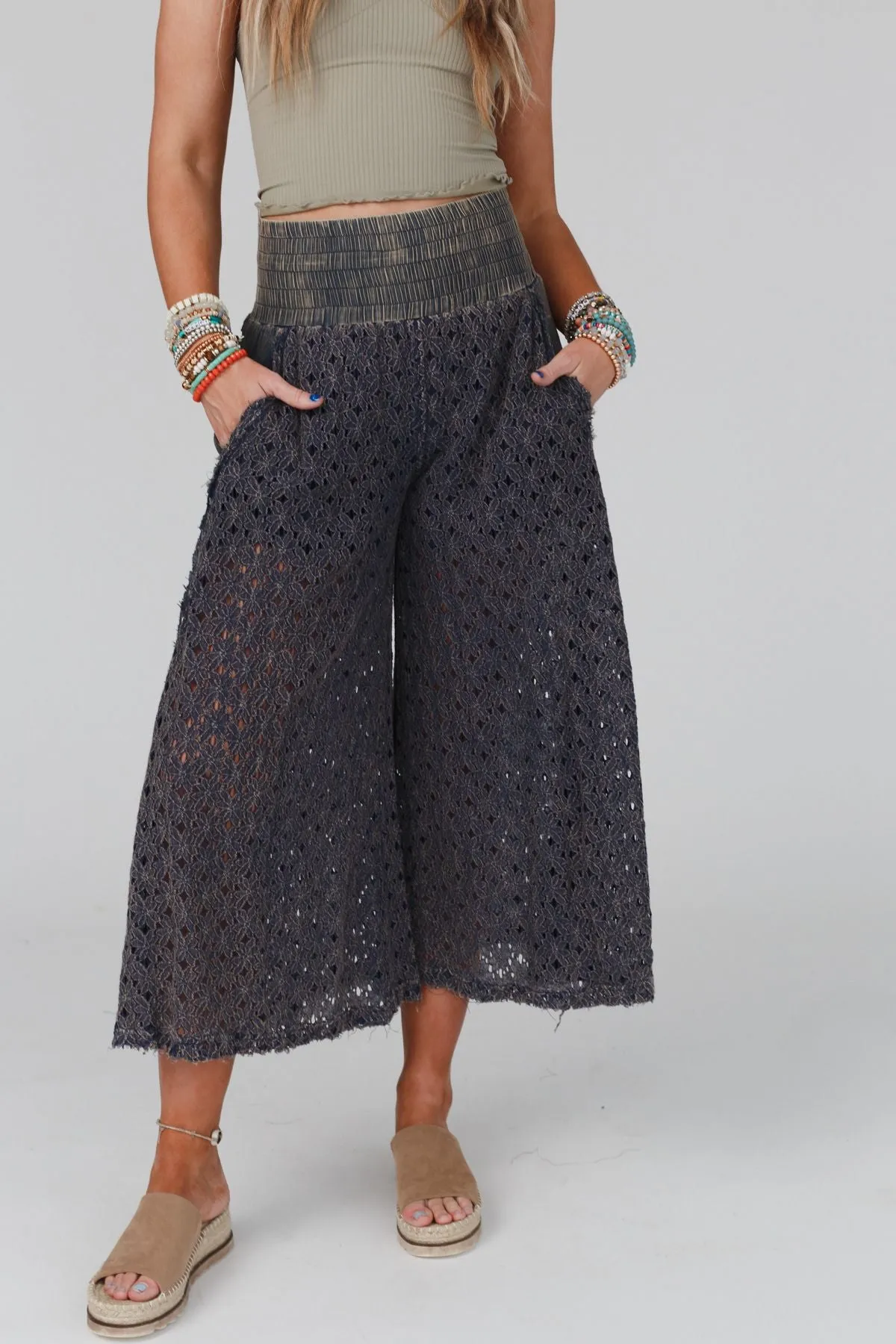 Take Me Away Mineral Washed Lace Pants - Navy