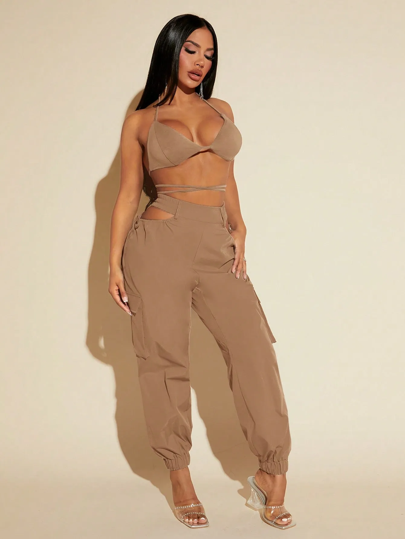 Tie Up Backless Halter Top Cut Out Pants Set