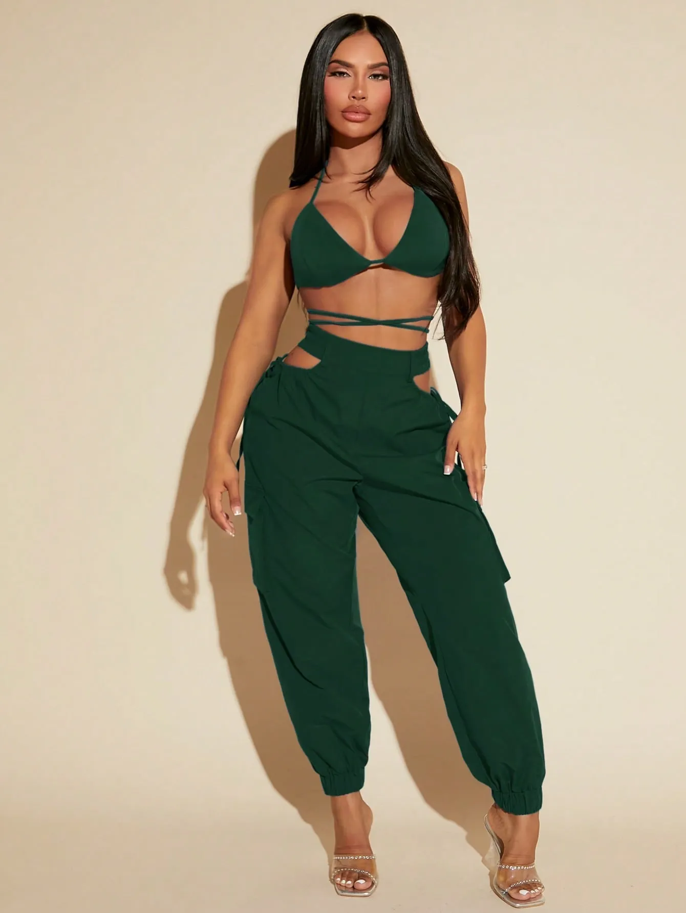 Tie Up Backless Halter Top Cut Out Pants Set