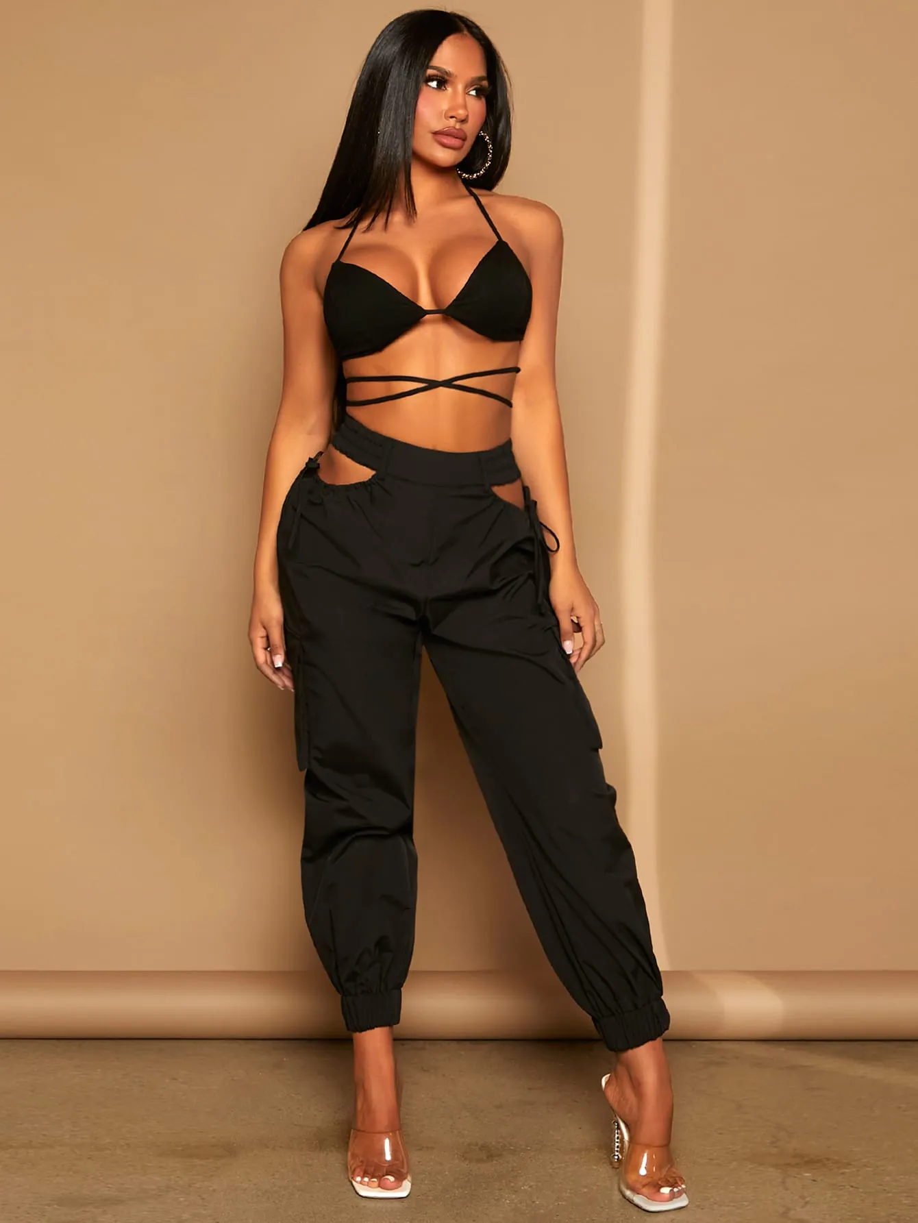 Tie Up Backless Halter Top Cut Out Pants Set