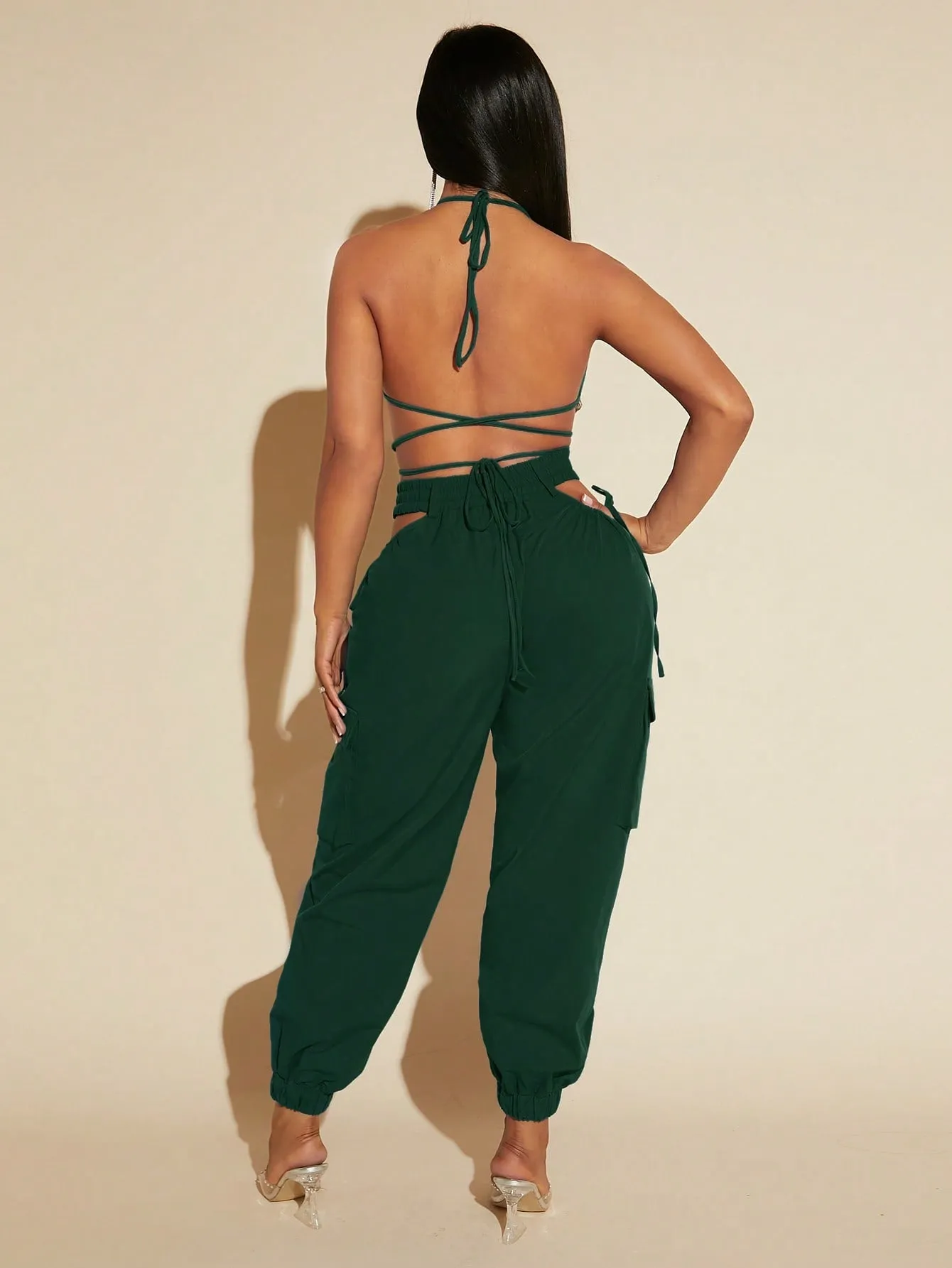 Tie Up Backless Halter Top Cut Out Pants Set