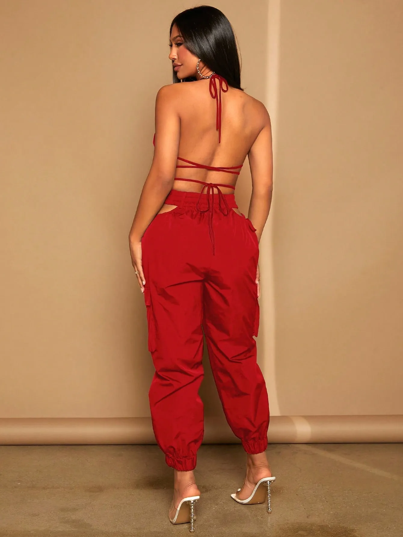 Tie Up Backless Halter Top Cut Out Pants Set