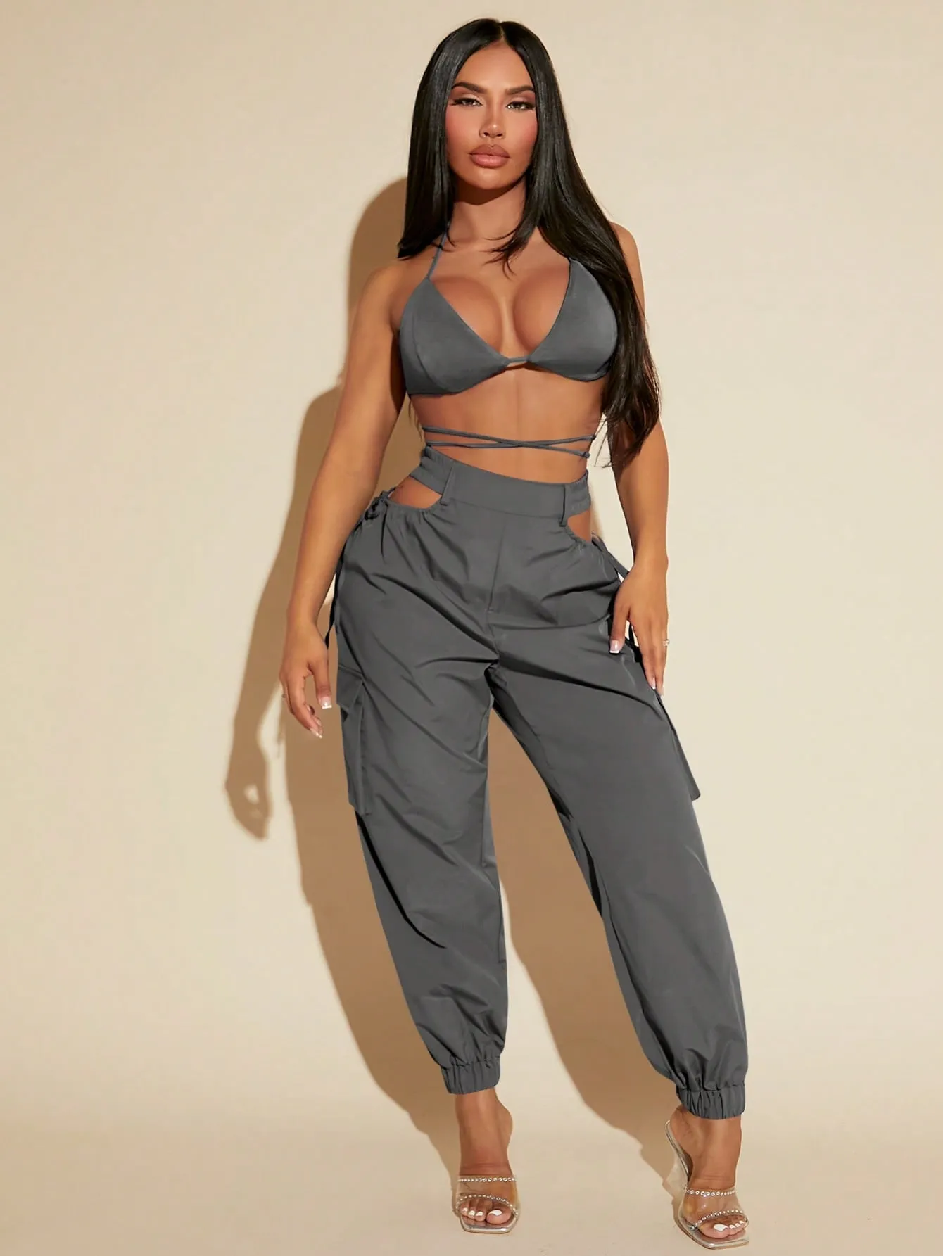 Tie Up Backless Halter Top Cut Out Pants Set