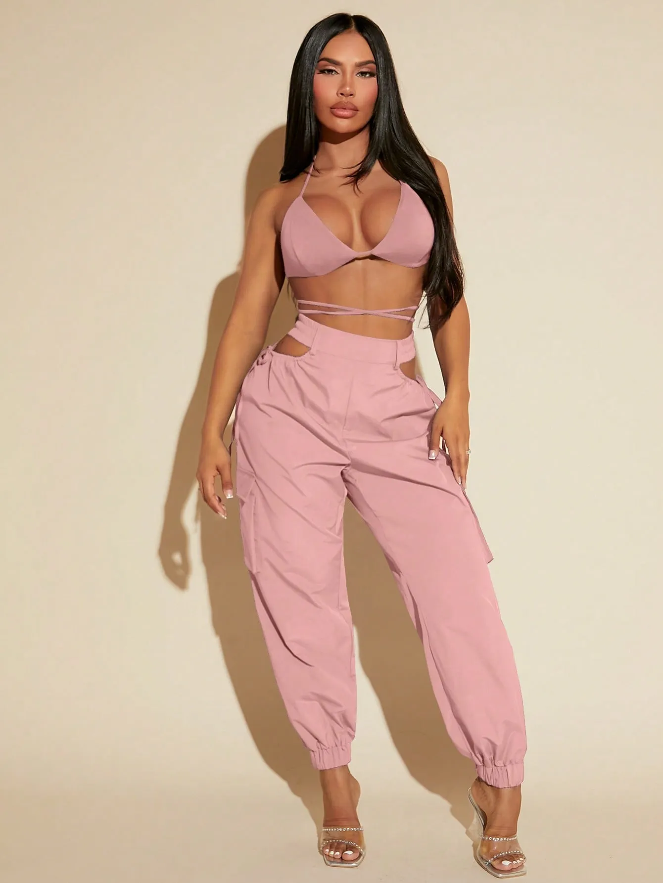 Tie Up Backless Halter Top Cut Out Pants Set