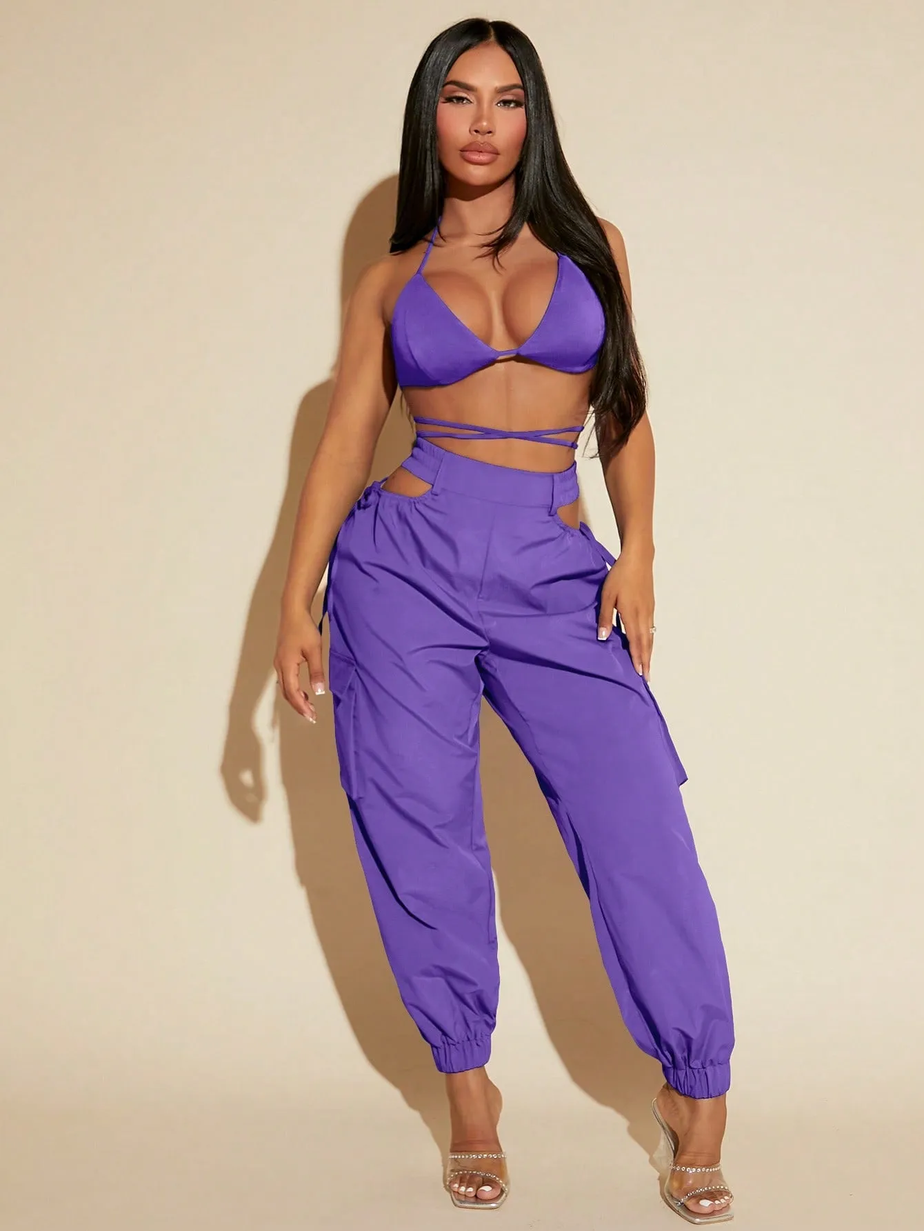 Tie Up Backless Halter Top Cut Out Pants Set