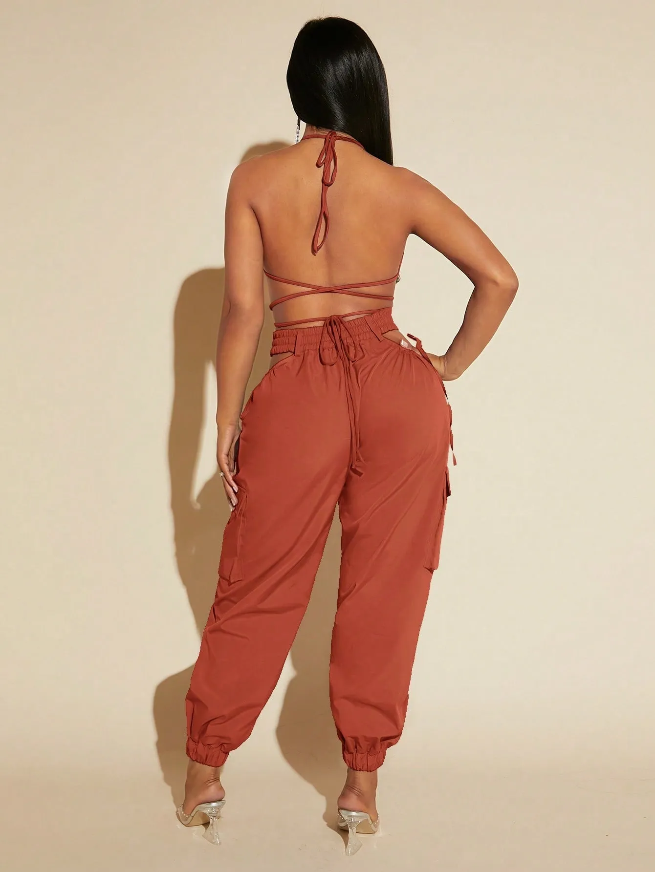 Tie Up Backless Halter Top Cut Out Pants Set