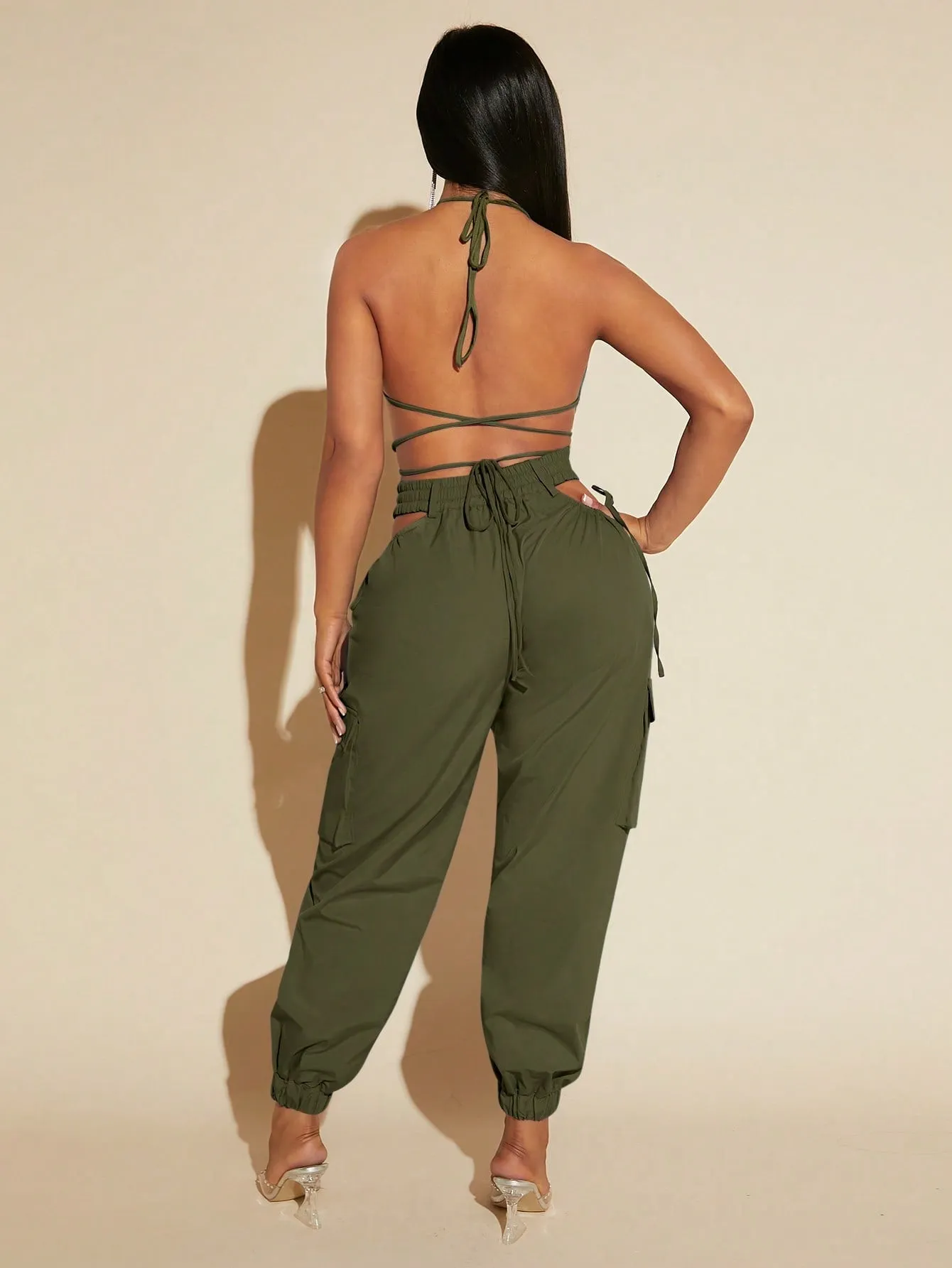 Tie Up Backless Halter Top Cut Out Pants Set