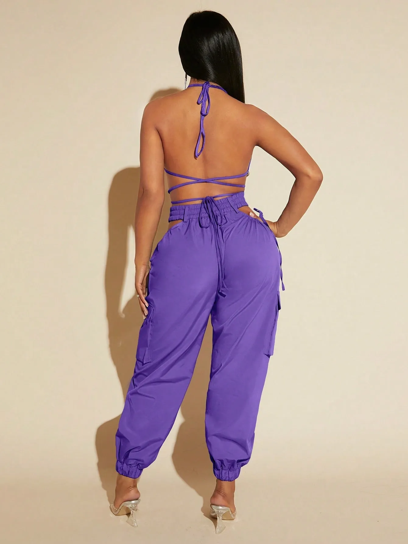 Tie Up Backless Halter Top Cut Out Pants Set