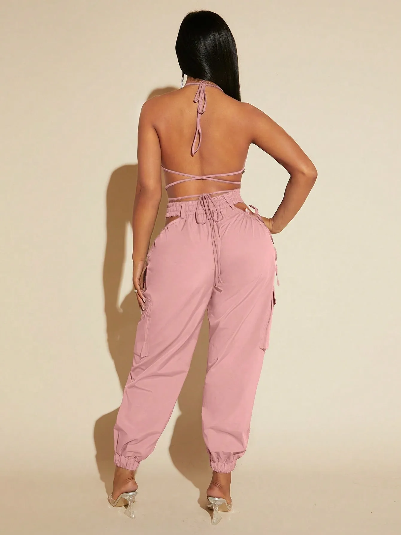 Tie Up Backless Halter Top Cut Out Pants Set