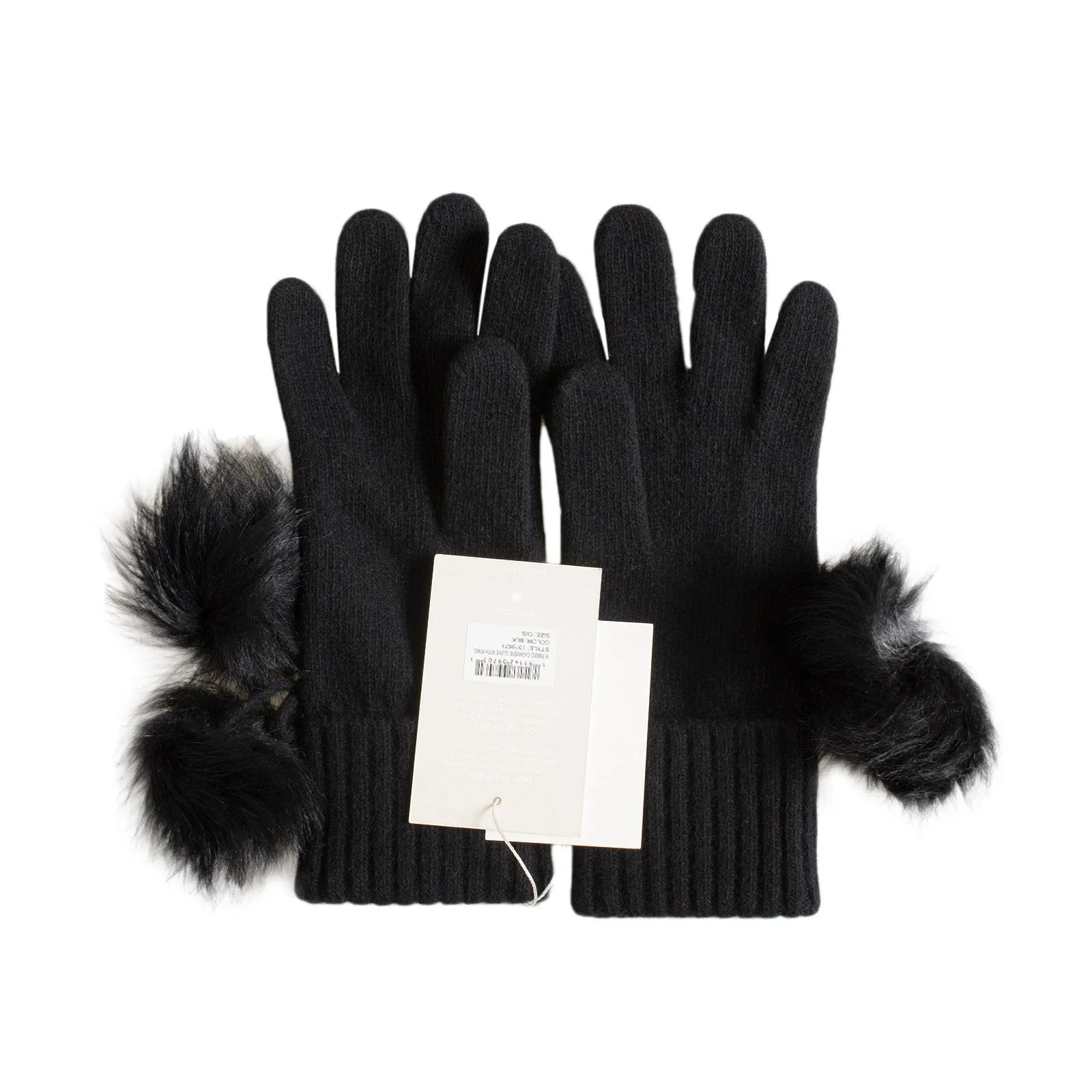 UGG Ribbed Cashmere Black Gloves With Poms - Women's