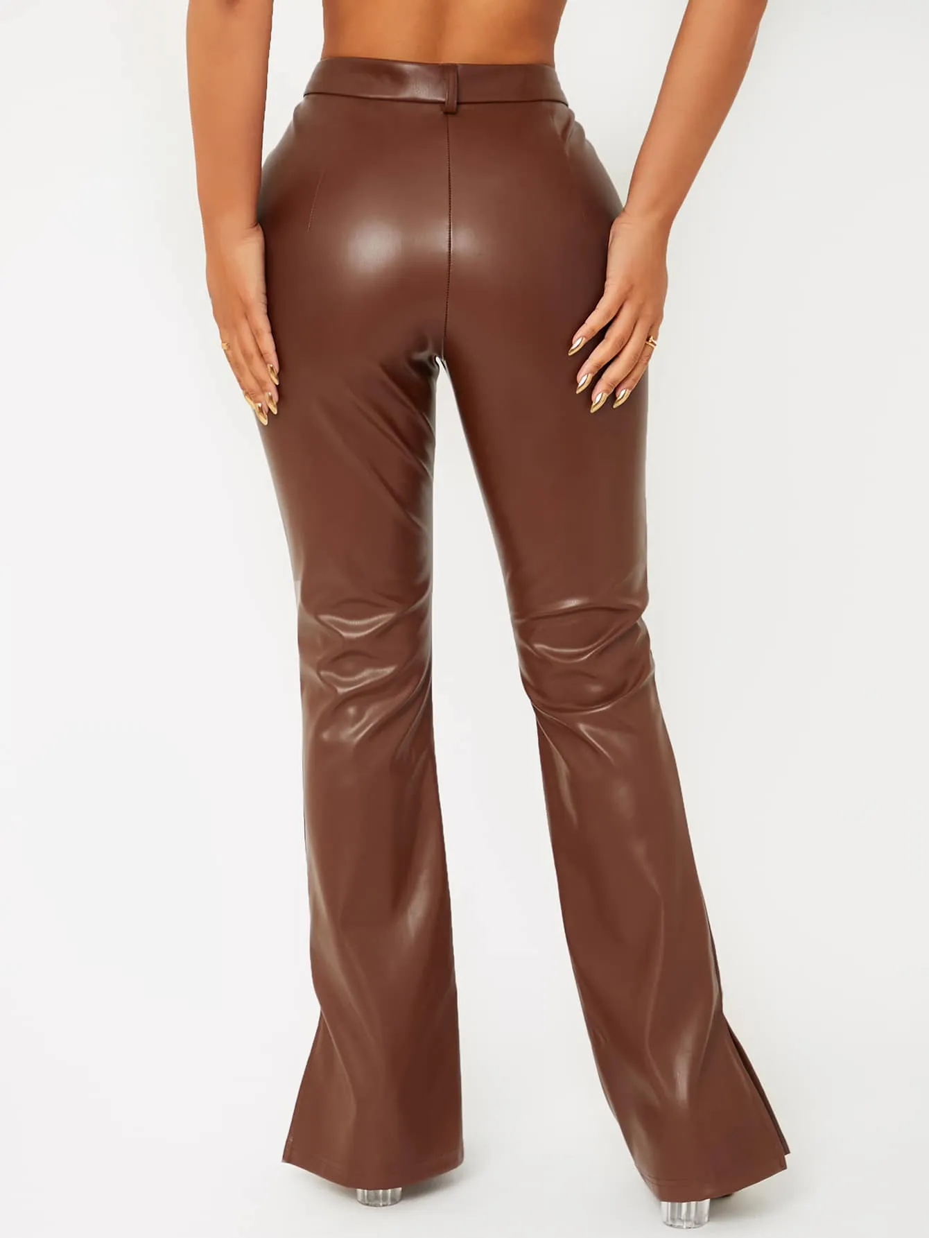 Zipper Fly Seam Front Split Hem PU Leather Pants