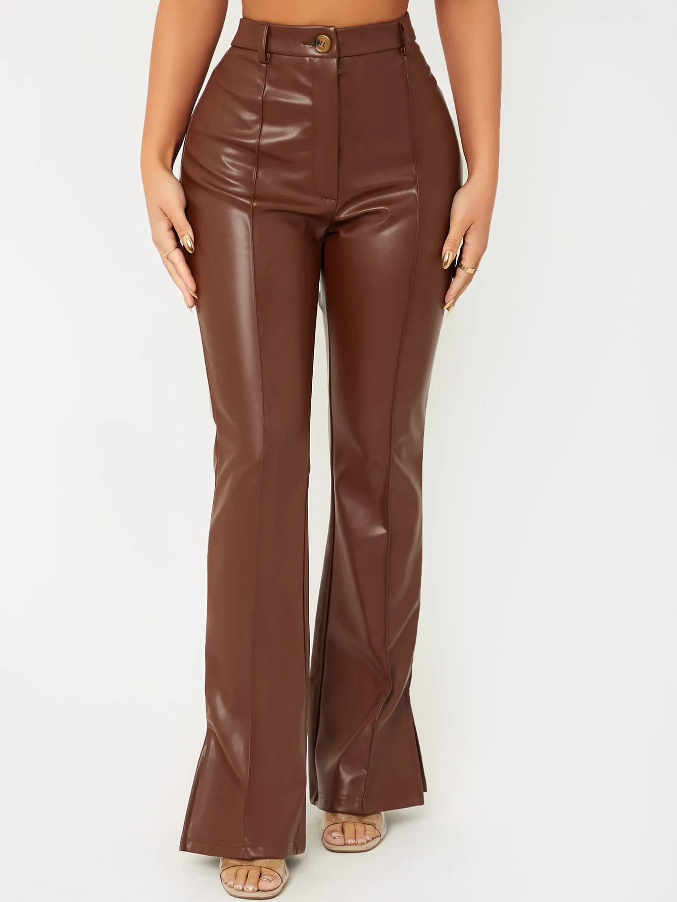 Zipper Fly Seam Front Split Hem PU Leather Pants