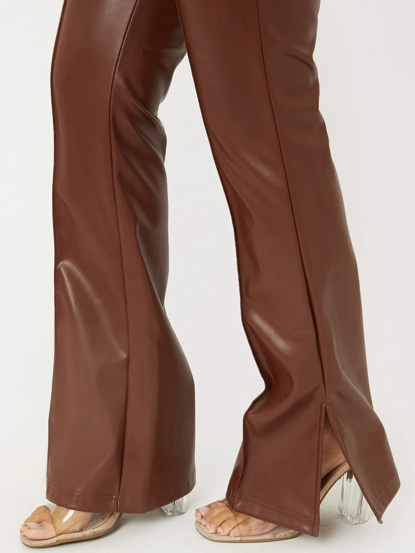 Zipper Fly Seam Front Split Hem PU Leather Pants