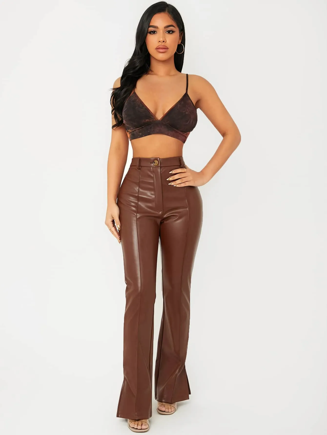 Zipper Fly Seam Front Split Hem PU Leather Pants