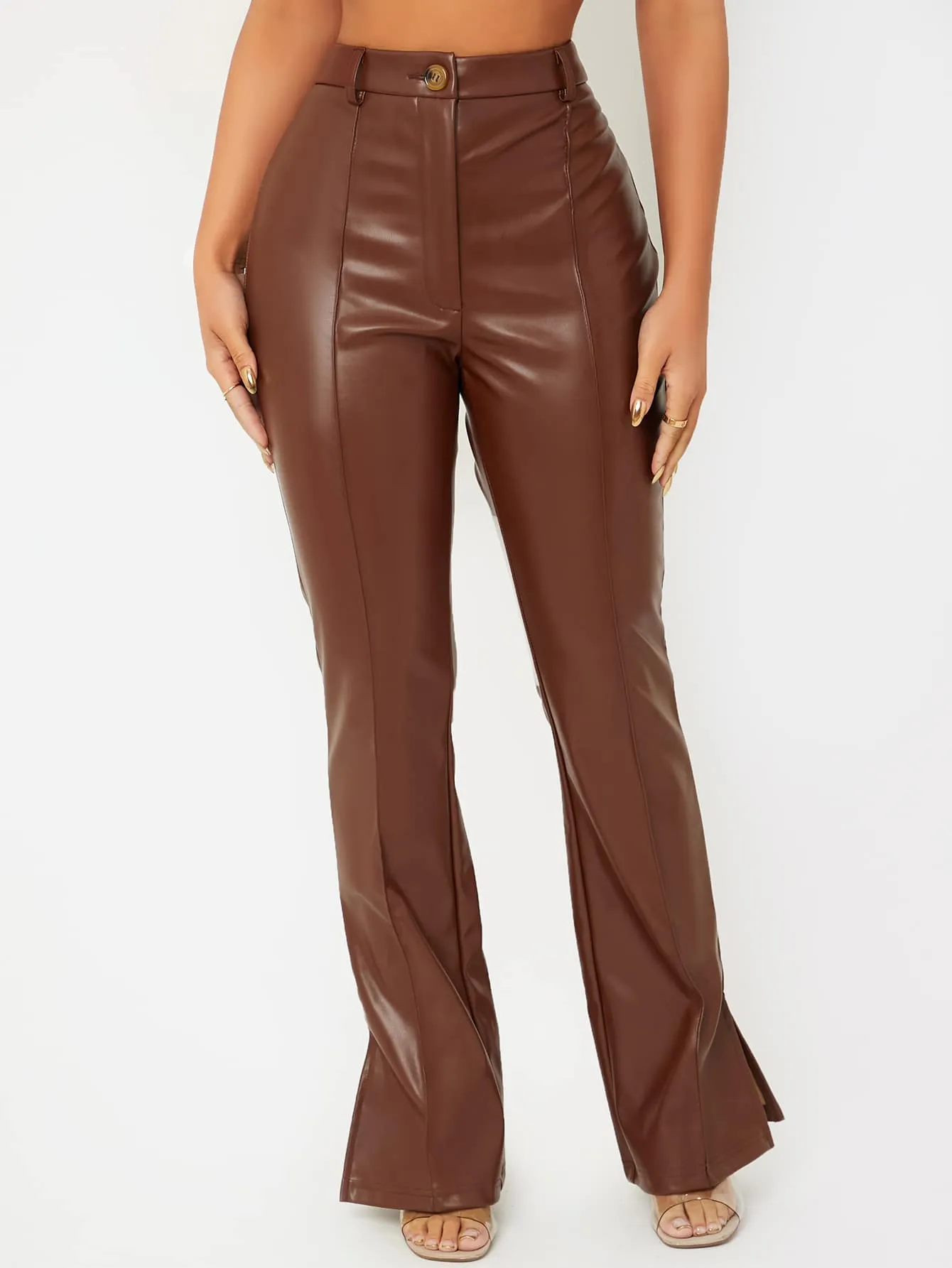 Zipper Fly Seam Front Split Hem PU Leather Pants